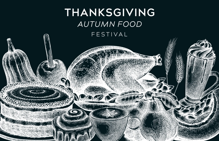 Thanksgiving dinner banner. Popular holiday menu - roasted turkey, pumpkins, baking cakes, hot drinks sketches. Vintage autumn food template. Vector Thanksgiving background on chalkboard 